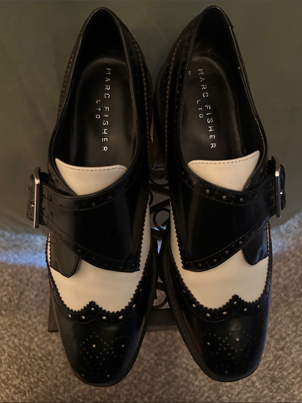 Marc Fisher Remona Black and White Monk Strap Brogue Oxfords - Picture 3 of 7